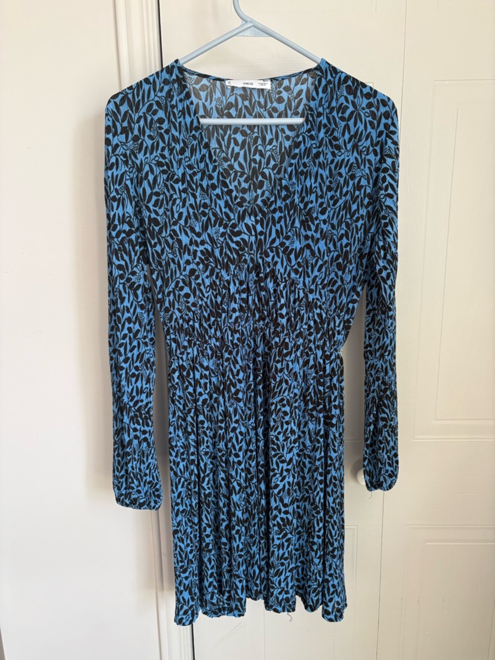 Mango Black and Blue Leaf-Print Long Sleeve Dress